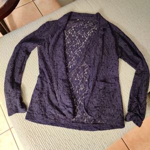 Sexy Lace Blazer Floral Leaf Open Front Jacket Dark Navy Blue Long Sleeve